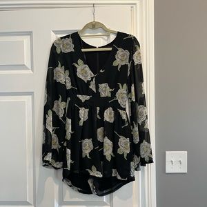 Mink pink long sleeved black floral romper